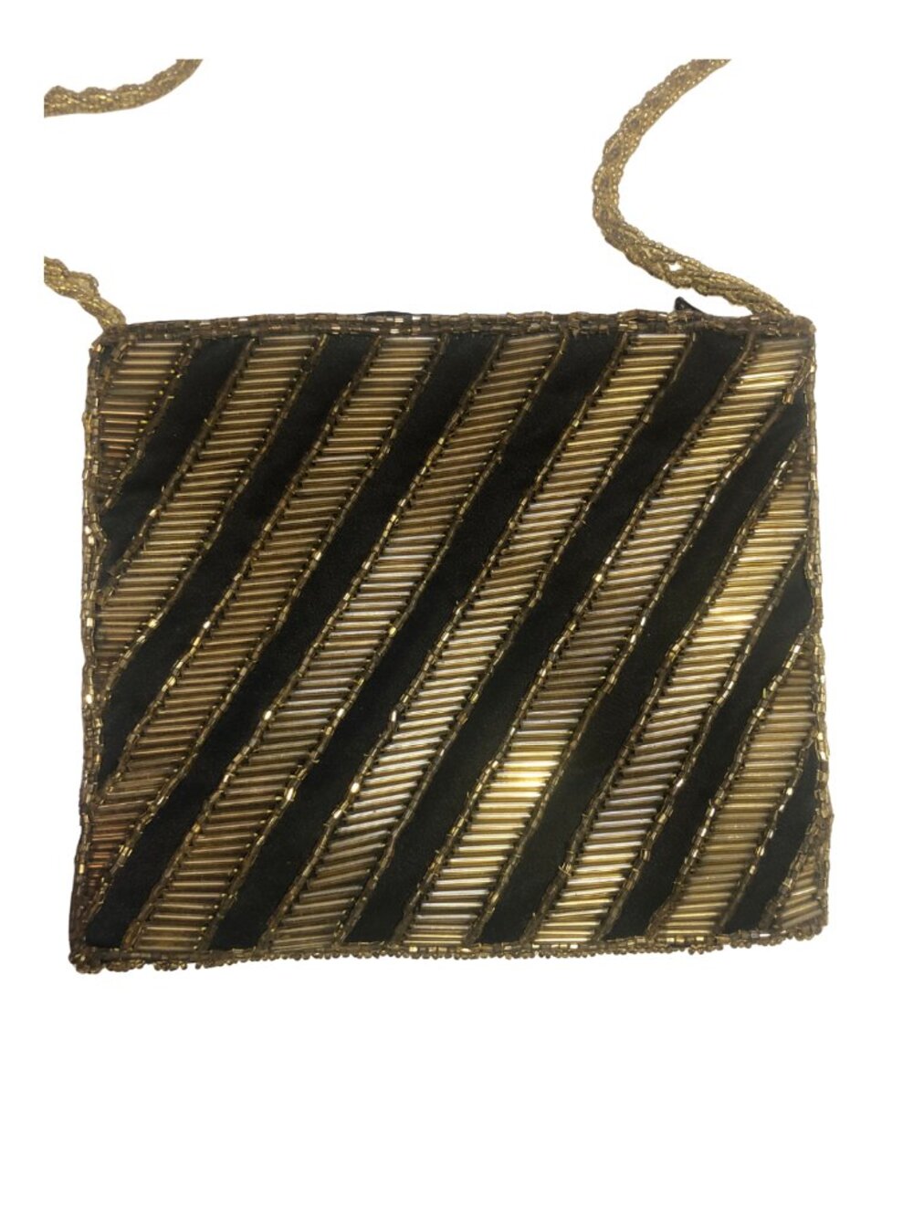 Beaded Gatsby Art Deco Purse Black and Gold Zipper Enclosure Evening Party Bag - Picture 2 of 10
